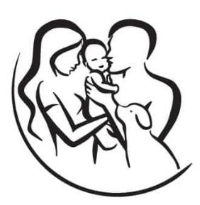A black and white drawing of two people holding a baby