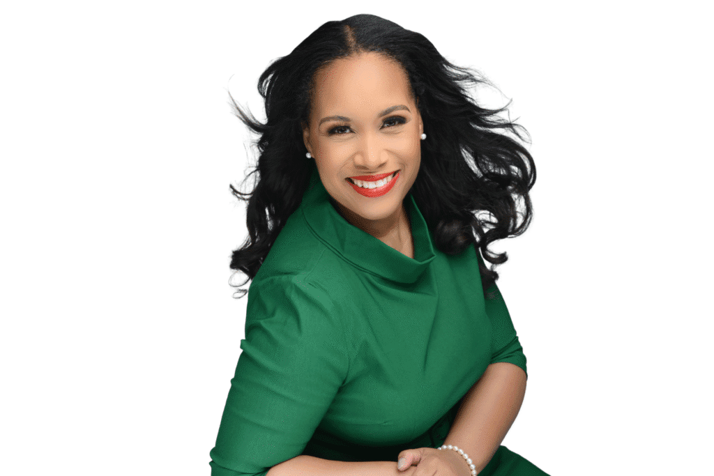 Smiling woman in green dress, white background.